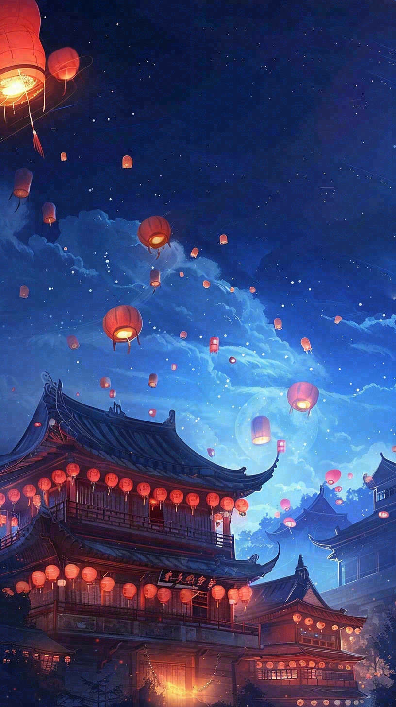 夜晚点灯孔明灯祈福中元节寒衣节插画背景