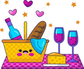 野餐篮 酒杯 美式多巴胺插画 免抠透明底