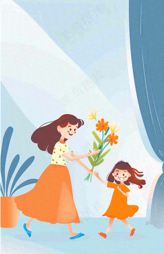 母亲节给妈妈送花的孩子亲情温馨插画背景