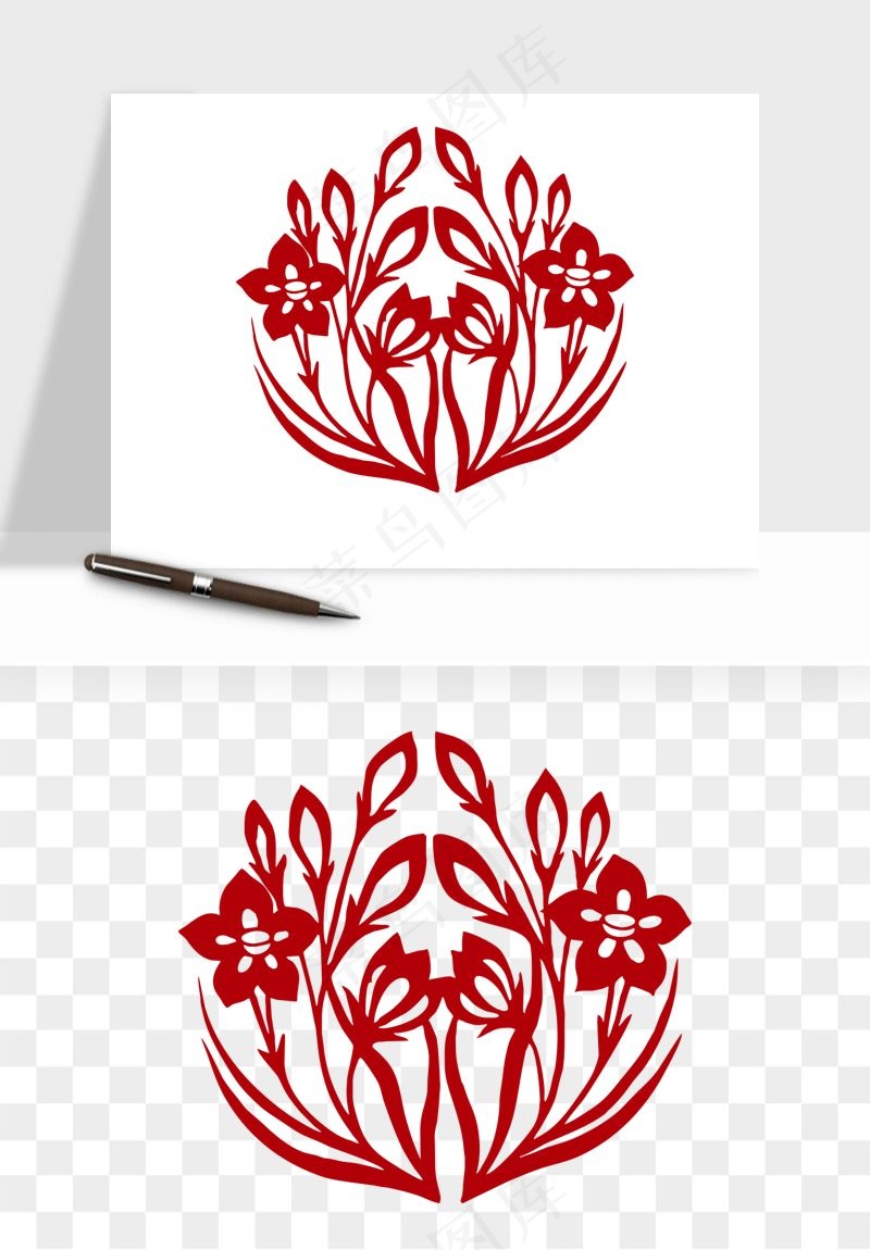 传统剪纸植物花卉png免抠