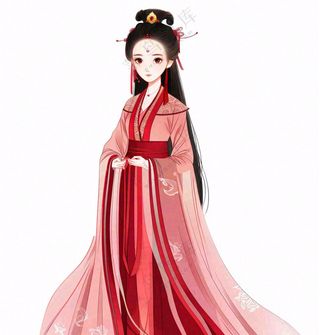 红色衣裙的古风人物少女插画免抠