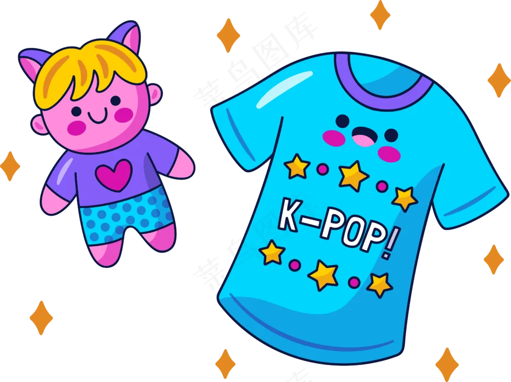 娃娃和Tshirt 美式多巴胺色彩插画 免抠透明底