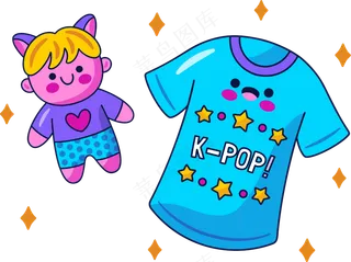 娃娃和Tshirt 美式多巴胺色彩插画 免抠透明底