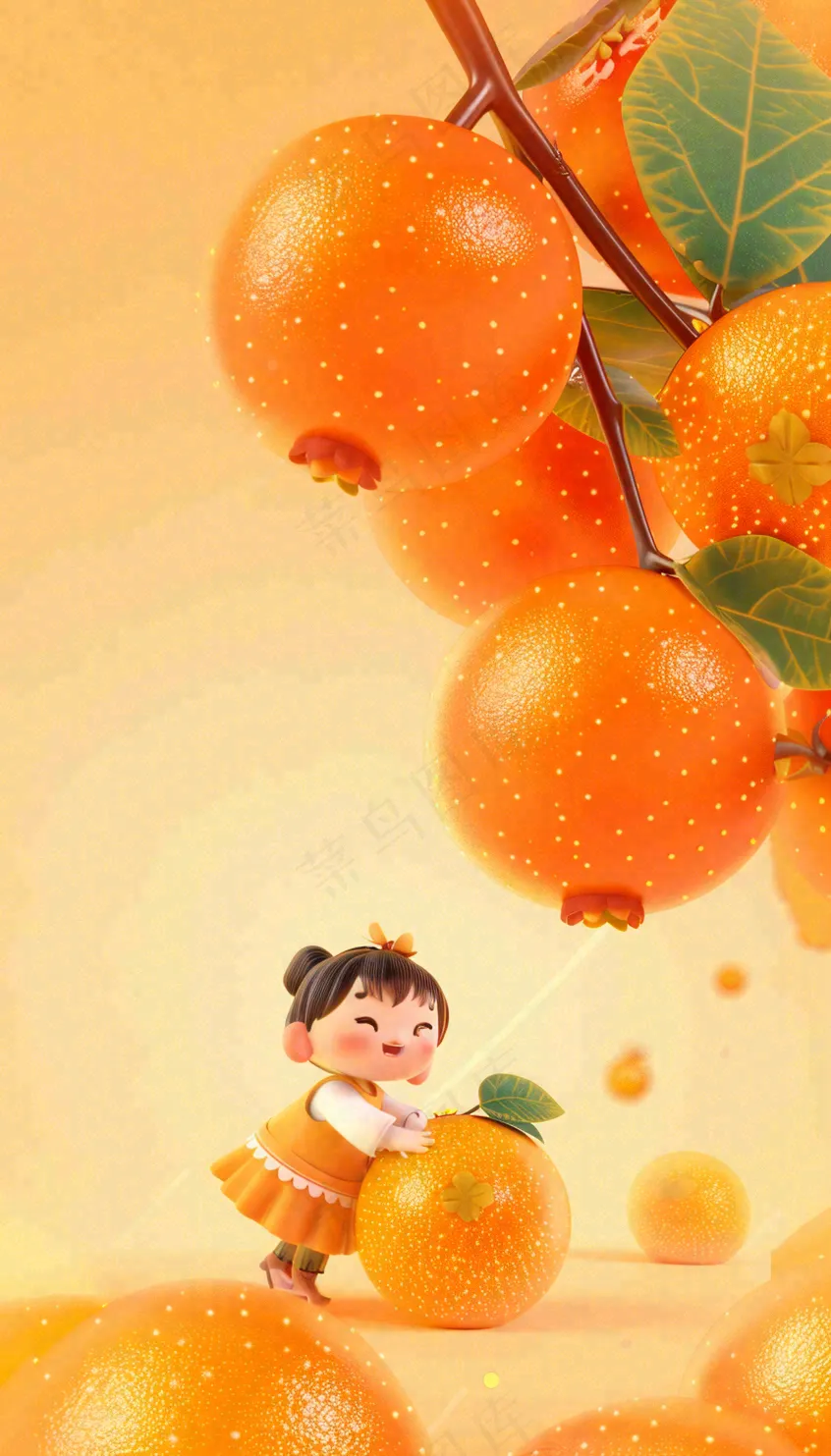 秋冬柿子成熟水果创意卡通插画霜降背景