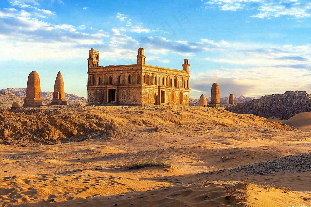 雅丹地貌黄土沙丘干旱大漠风光摄影图