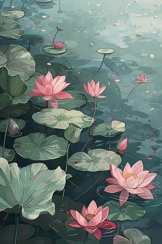 立夏池塘荷花荷叶插画夏至小暑大暑处暑背景