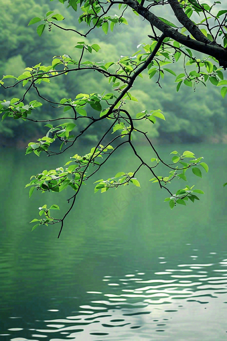 森林湖泊岸边的植物大树风景摄影图