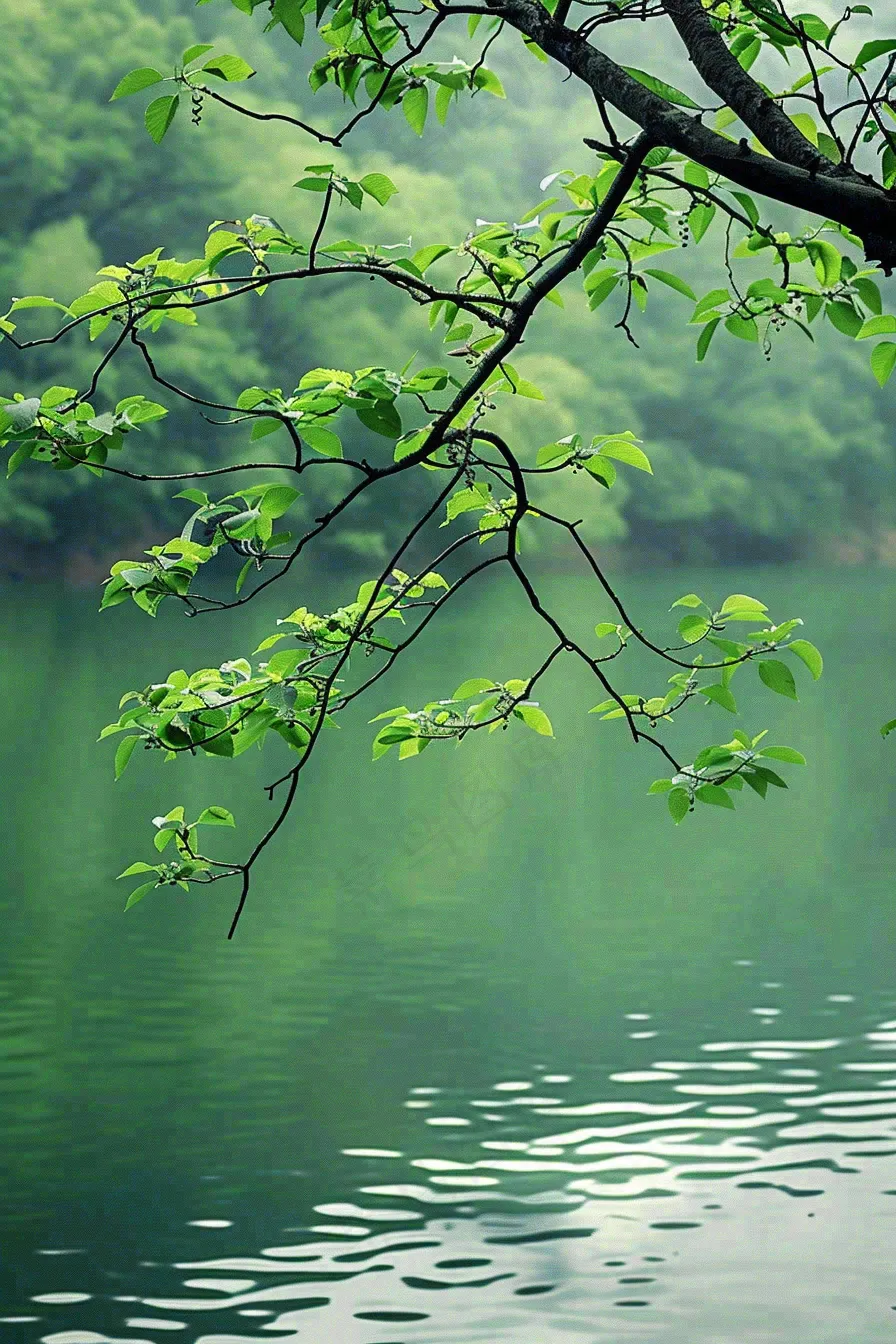 森林湖泊岸边的植物大树风景摄影图