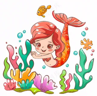 海洋美人鱼珊瑚鱼童话卡通插画免抠