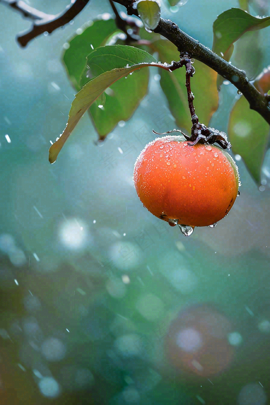 秋冬柿子树的果实寒冷霜降摄影图