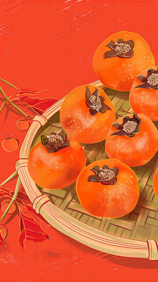 成熟的柿子水果红色背景插画霜降背景