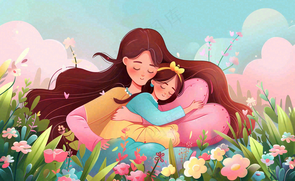 母亲节妈妈亲情抱着孩子鲜花光辉插画背景