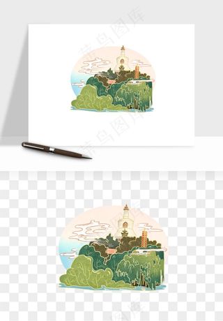 国潮城市地标山水建筑png免抠