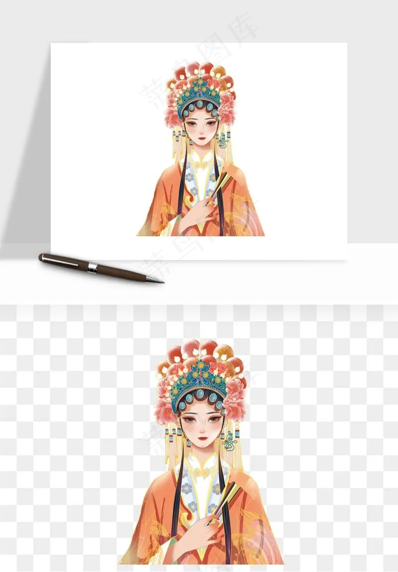 手绘国潮女性人物插画png免抠