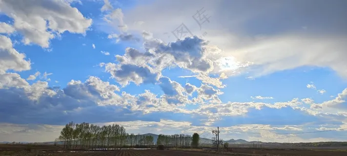 阳光乱云天空树木