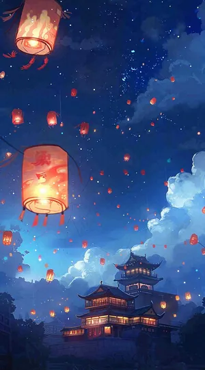 夜晚点灯孔明灯祈福中元节寒衣节插画背景