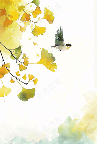 秋天银杏叶鸟儿中国风水彩国画立秋白露秋分插画背景
