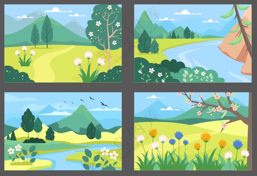 卡通山水花朵树木背景