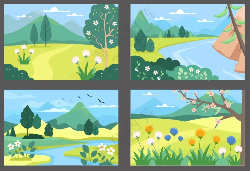 卡通山水花朵树木背景