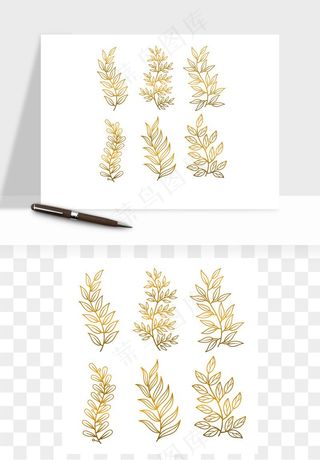 手绘金色叶子矢量png免抠