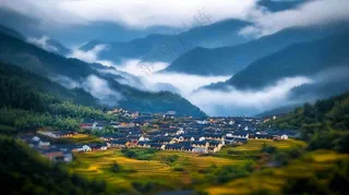 江南风景屋檐瓦舍雾村庄山林摄影图