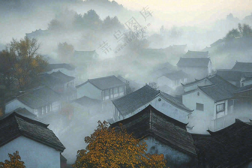 江南风景屋檐瓦舍雾村庄山林摄影图