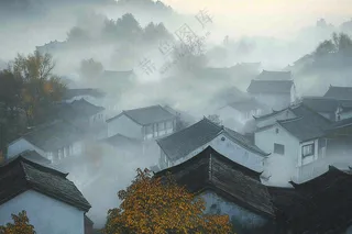 江南风景屋檐瓦舍雾村庄山林摄影图