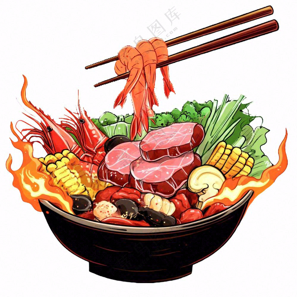 麻辣海鲜锅麻辣烫火锅美食插画免抠