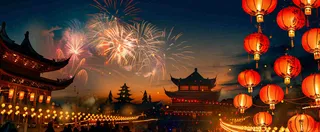 新年节日京城灯火灯笼烟花爆竹盛世国风小年除夕元宵节插画背景