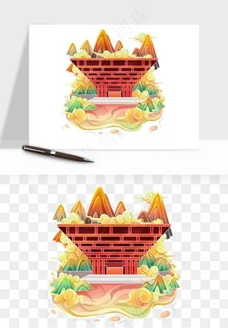 国潮城市地标山水建筑png免抠