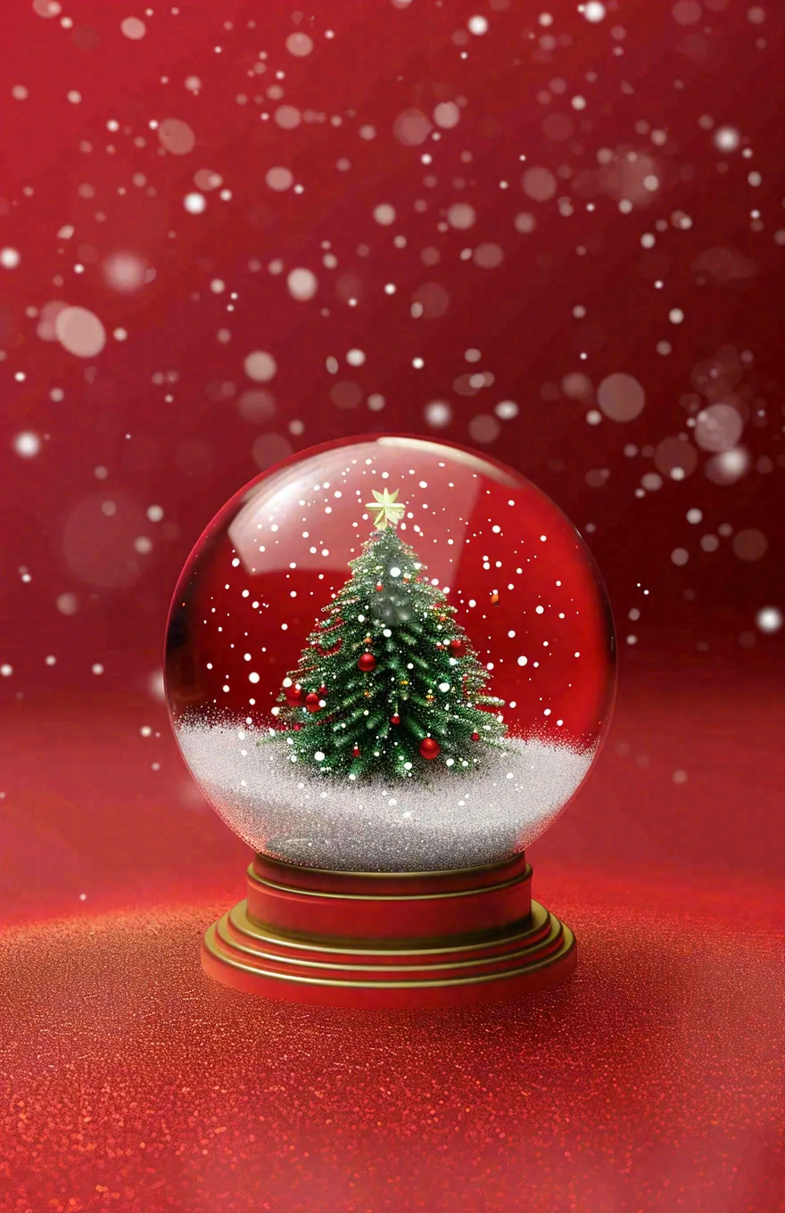 水晶球圣诞树雪花平安夜红色插画背景