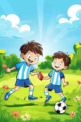 儿童学生草坪上踢足球运动竞技儿童节卡通插画背景