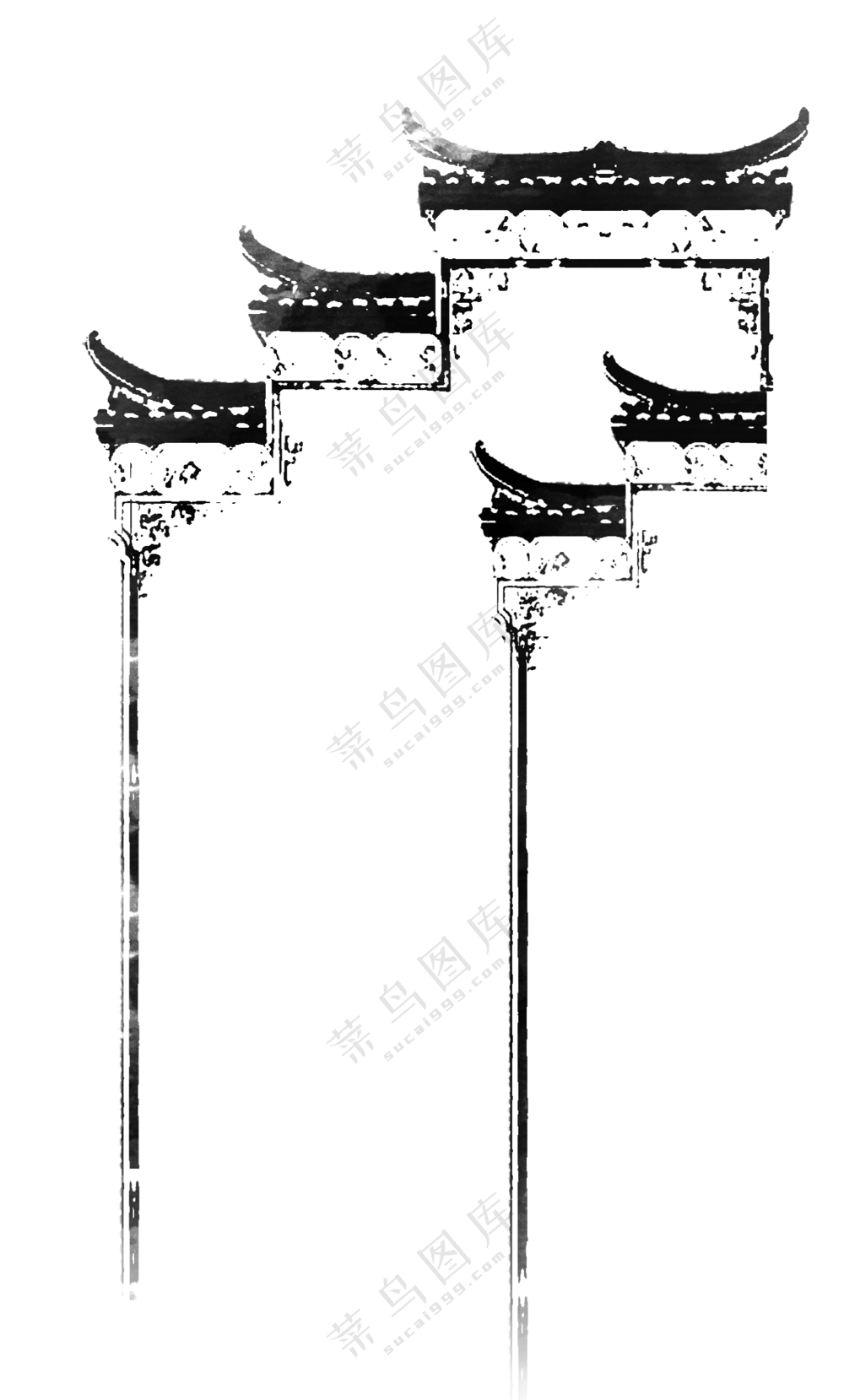 黑白水墨风绘画建筑物PNG图片素材