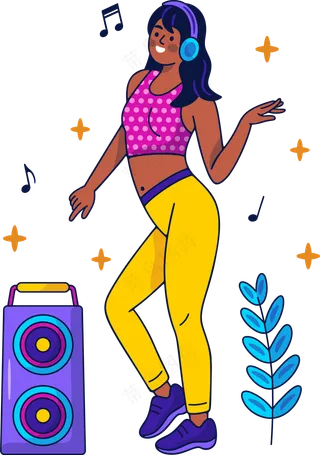 女生带耳机跳舞蹦迪 美式多巴胺插画 免抠透明底