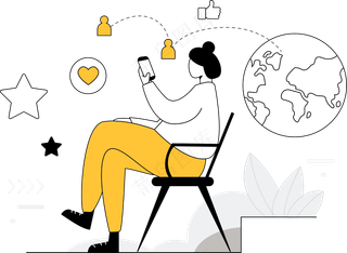 加入社交网络 在网上社交冲浪 黄色扁平商务插画