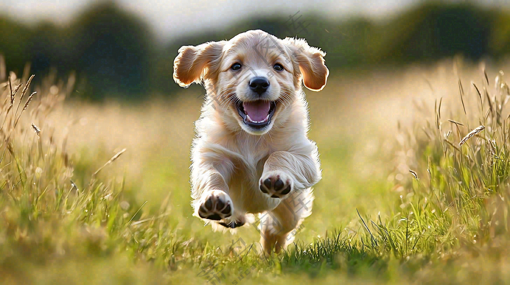 草丛里飞奔的金毛小狗宠物动物摄影图