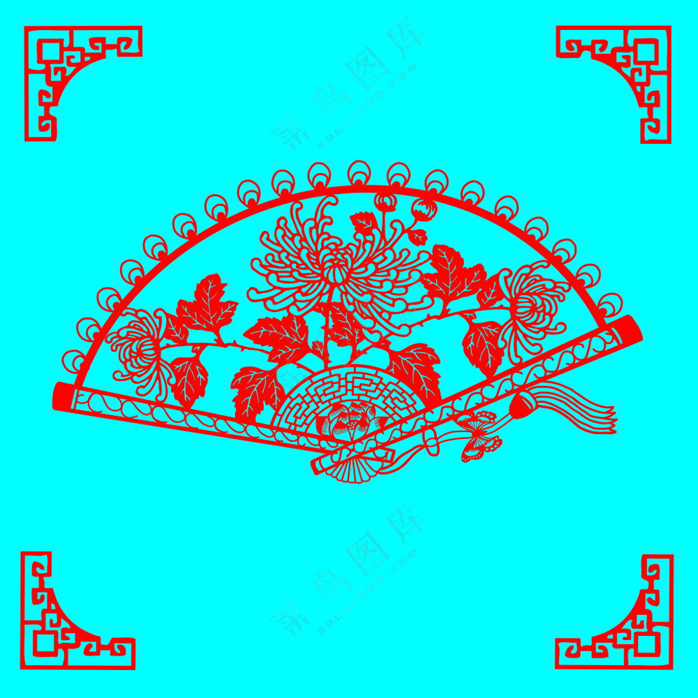 红色简约扇形菊花剪纸