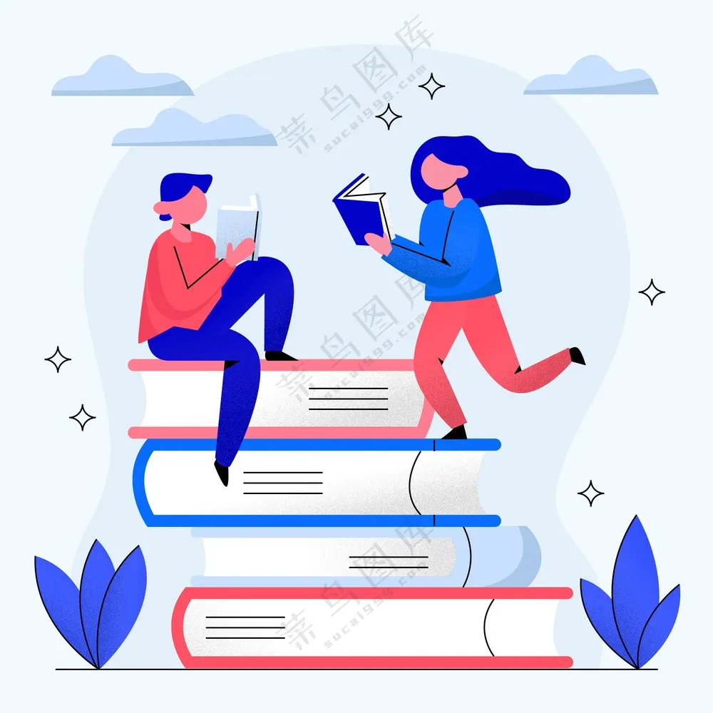 卡通书本上的看书人物素材