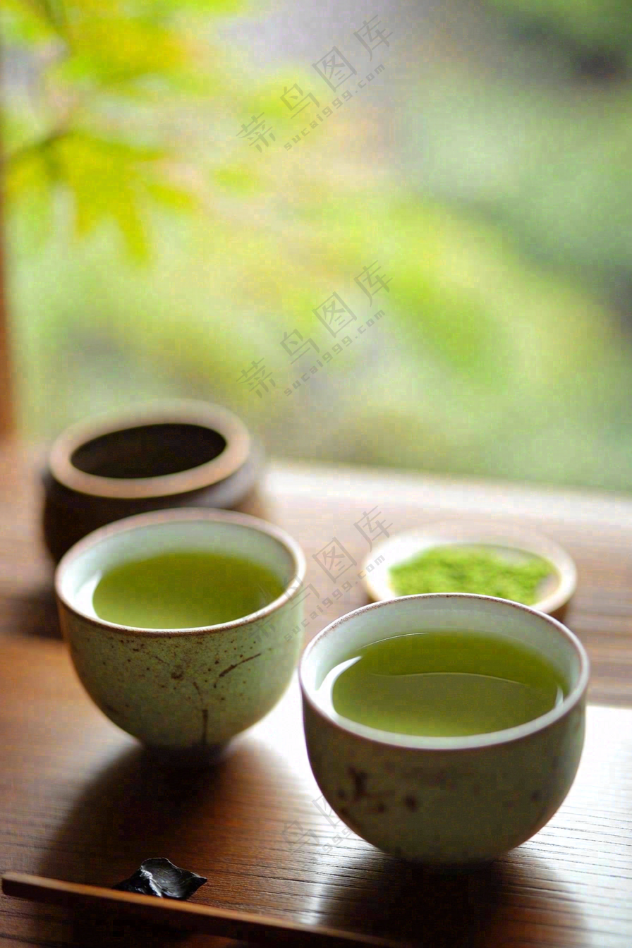 绿茶瓷器茶杯品茶摄影图