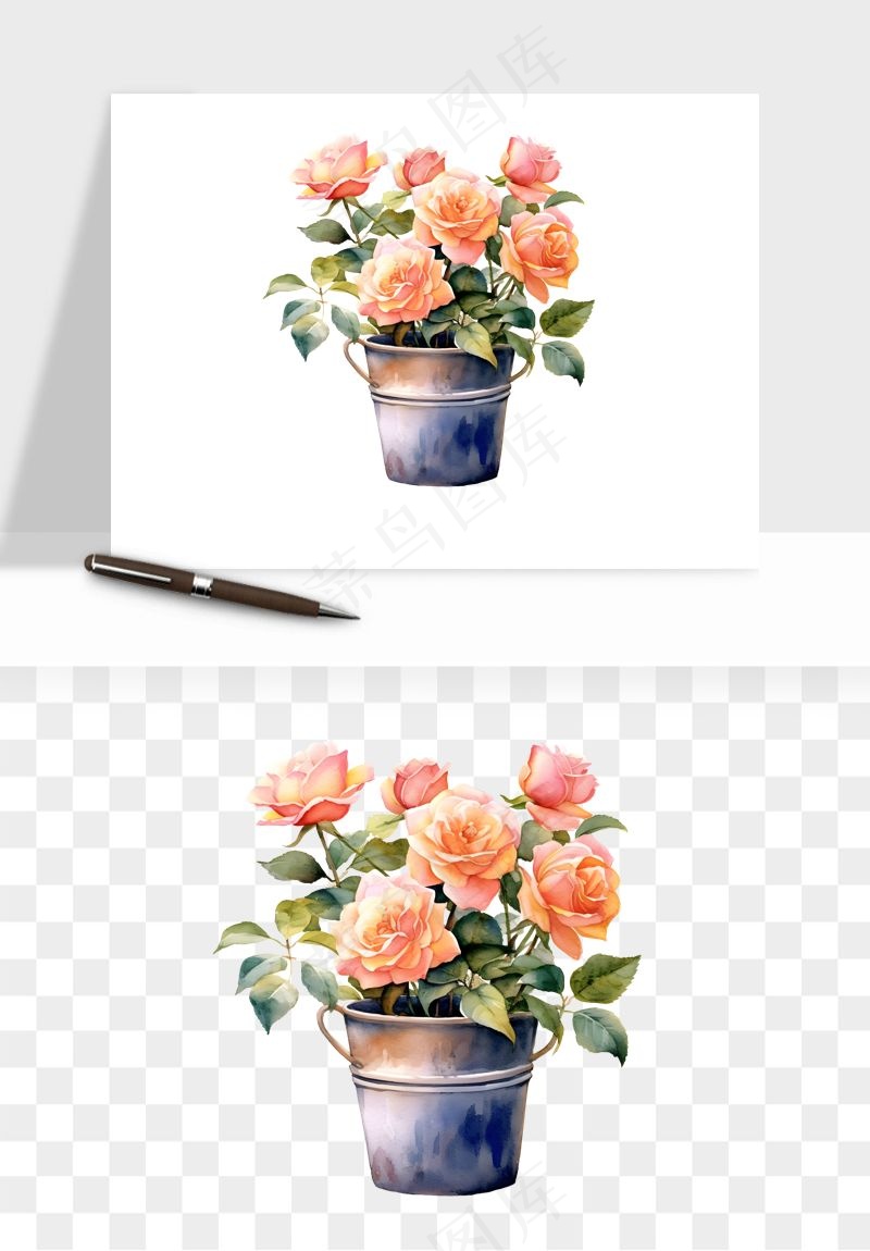 手绘花瓶花艺png免抠