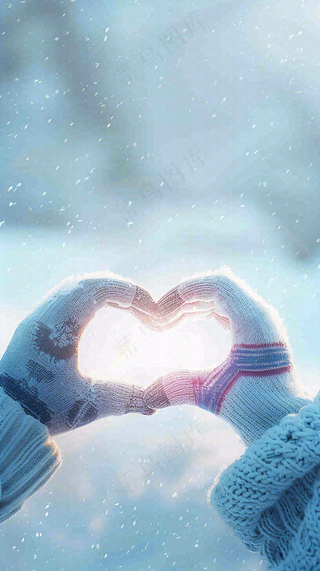 冬季寒冷雪地玩雪手套爱心手势大雪小雪小寒浪漫情人节摄影图背景