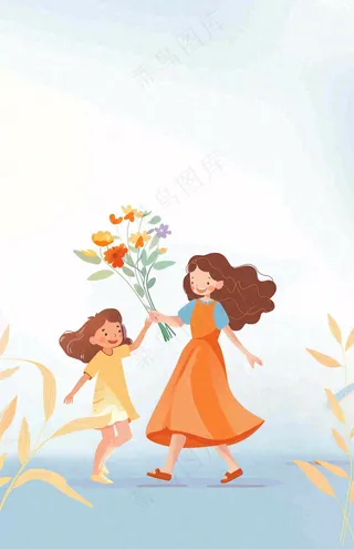 母亲节给妈妈送花的孩子亲情温馨插画背景