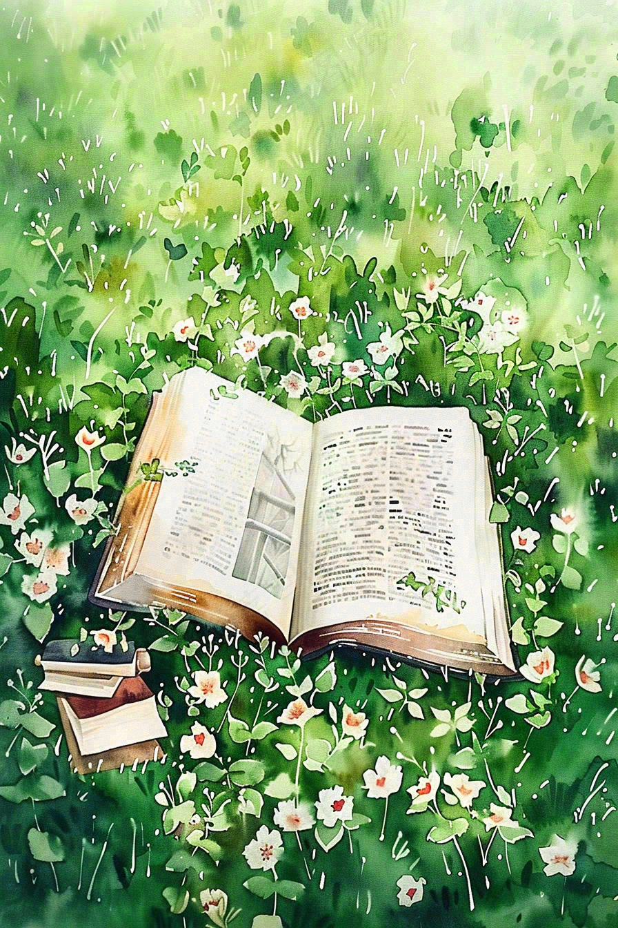 草丛花丛里的书本阅读世界读书日水彩插画背景