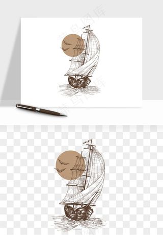 手绘航行帆船png免抠