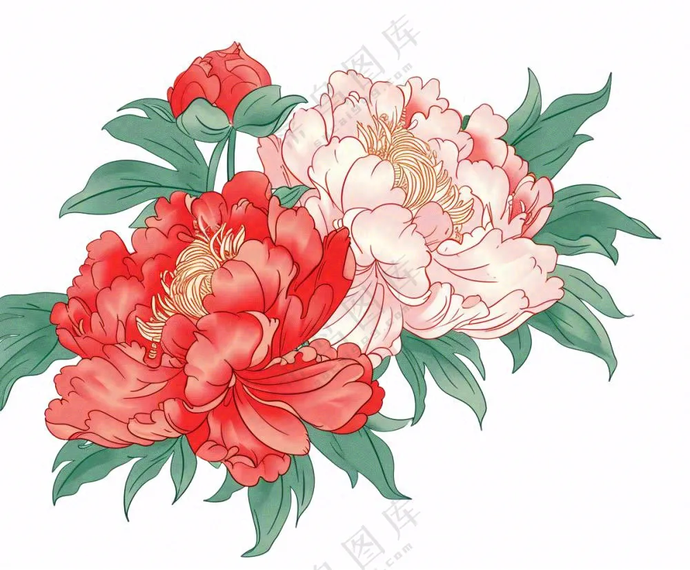 国花牡丹鲜艳花朵植物插画免抠