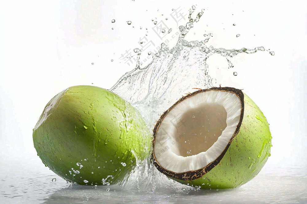 two green coconuts with a splash of water on them, an illustration of by Rodney Joseph Burn, shutterstock, renaissance, coconuts, f 2.5, f4.5