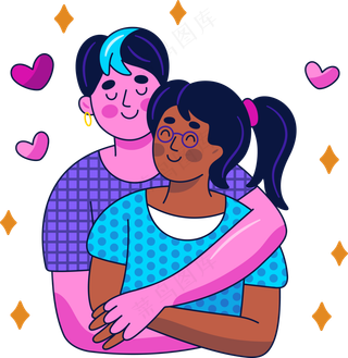 小情侣拥抱在一起 美式多巴胺插画 免抠透明底