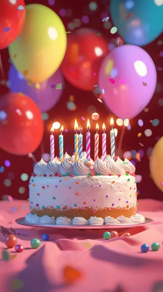 彩色气球生日蜡烛蛋糕