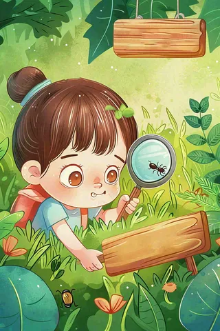 儿童学生森林冒险放大镜观察蚂蚁户外探险儿童节卡通插画背景