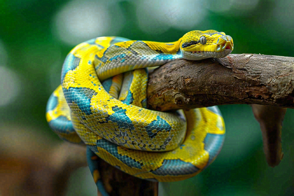 蛇盘踞在树枝上爬行动物摄影图